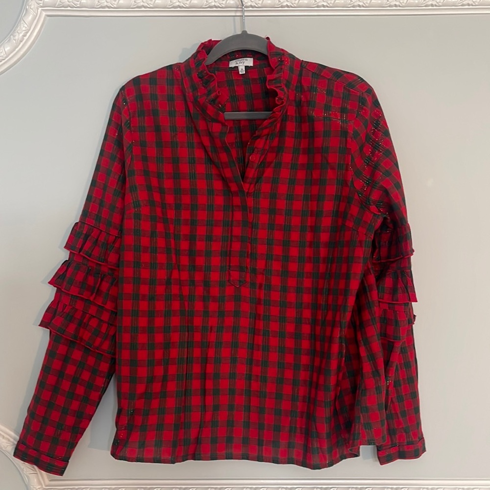 Women's Ruffled Plaid Blouse - Red & Green